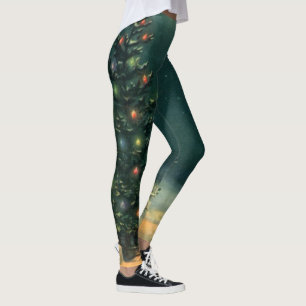 Vintage Christmas Tree at Night with Lights & Snow Leggings