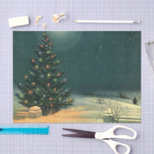 Vintage Christmas Tree at Night with Lights & Snow Tissue Paper