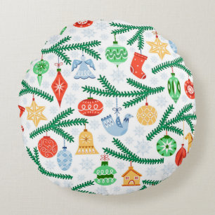 Vintage Christmas tree balls, decorations seamless Round Pillow