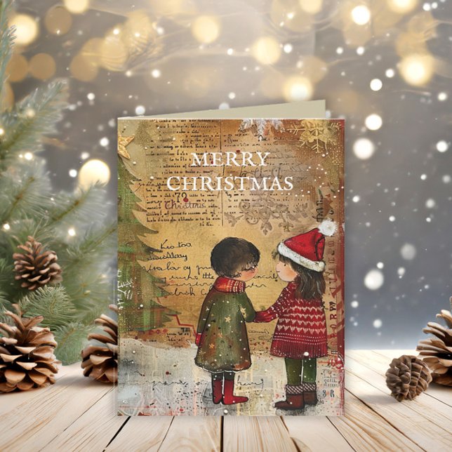 Vintage Christmas Tree Children Winter Snow Holiday Card (Folded vintage "Merry Christmas" greeting card)