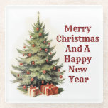 Vintage Christmas Tree Coaster<br><div class="desc">Pretty, vintage picture of a Christmas tree with presents, is featured on this coaster for the Holidays. With message, "Merry Christmas And A Happy New Year", makes a great little gift for Christmas or use yourself. Smooth glass top, finished with 3M™ Bumpon™ rubber feet, design is printed in vibrant full...</div>