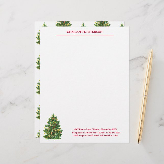 Vintage Christmas Tree Custom Name  Letterhead (Front/Back In Situ)