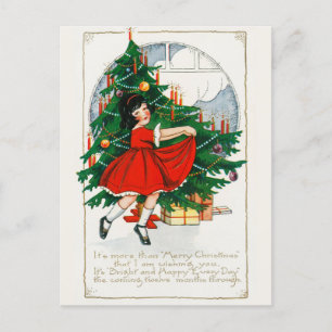 Vintage Christmas Tree, Girl and Gifts Holiday Postcard
