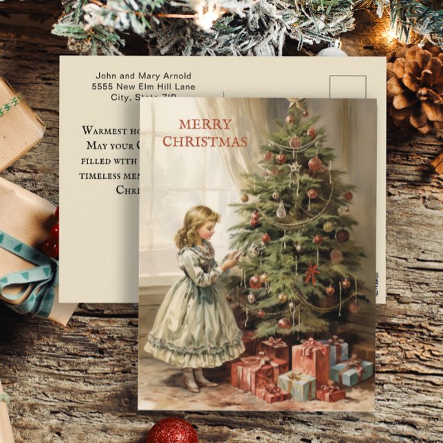 Vintage Christmas Tree Girl Gifts Holiday Postcard (Vintage girl and tree Christmas greeting postcard)