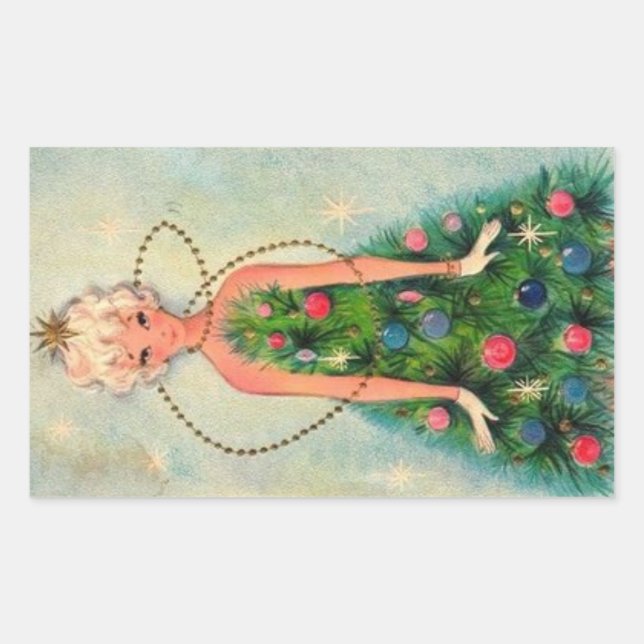 Vintage Christmas Tree Girl Sticker (Front)