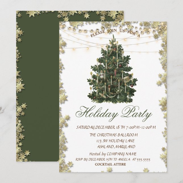 Vintage Christmas Tree Gold Stars Holiday  Invitation (Front/Back)