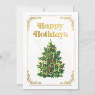 Vintage Christmas Tree  Happy Holidays Gold Frame Holiday Card