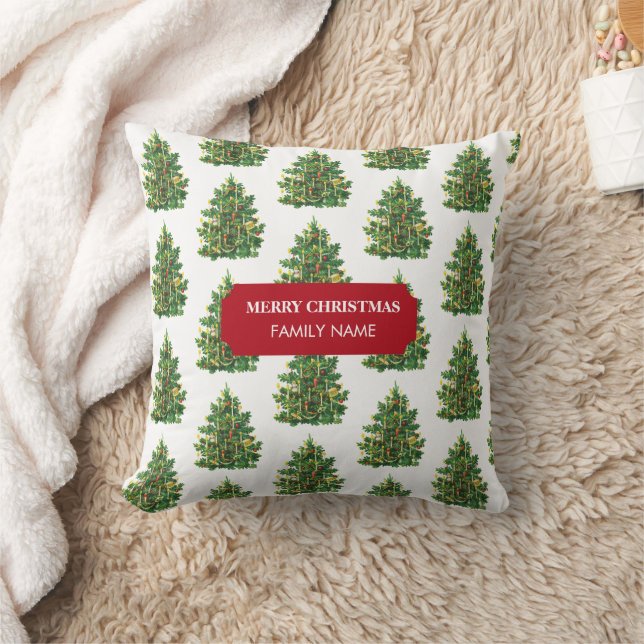 Vintage Christmas Tree Holiday Custom Name  Throw Pillow (Blanket)