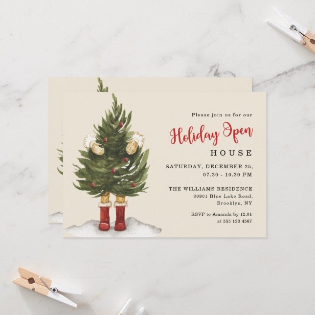 Vintage Christmas Tree  Holiday Open House  Invitation (Front/Back In Situ)