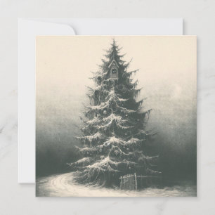 Vintage Christmas Tree In Snow Etching Intaglio Card