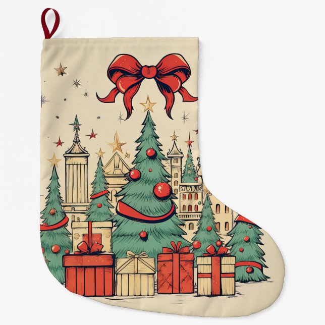 Vintage Christmas tree Large Christmas Stocking (Front)
