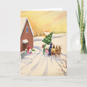 Vintage Christmas Tree on a Snowy Winter Road Holiday Card