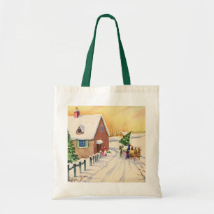 Vintage Christmas Tree on a Snowy Winter Road Tote Bag