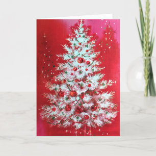 Vintage Christmas Tree on Red with Your Signature Holiday Card