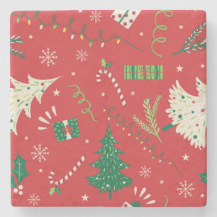 Vintage Christmas tree: ornamental design. Stone Coaster