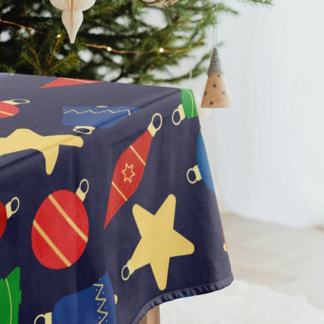 Vintage Christmas tree ornaments Tablecloth (Navy blue retro Christmas tablecloth with vintage red, blue, gold and green Christmas ornaments)