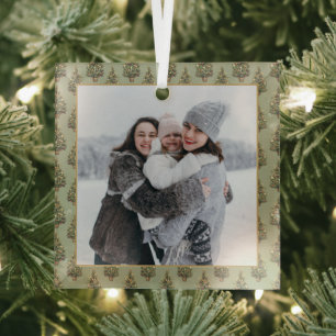Vintage Christmas Tree Pattern Green Photo Holiday Glass Ornament