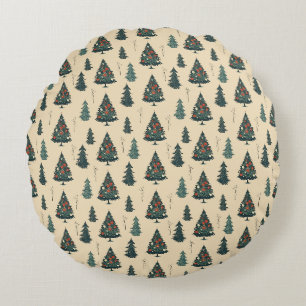 Vintage Christmas Tree, Pine Tree Pattern. Round Pillow