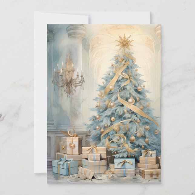 Vintage Christmas Tree Presents Blue Gold Holiday Card (Front)
