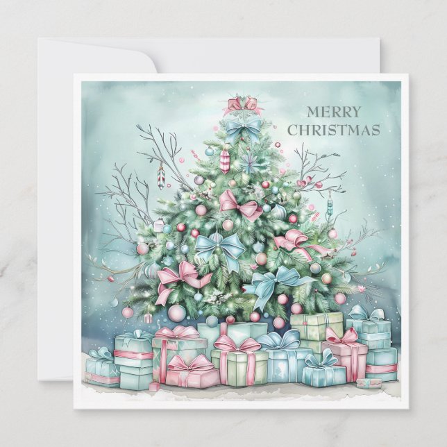 Vintage Christmas Tree Presents Blue Pink Holiday Card (Front)