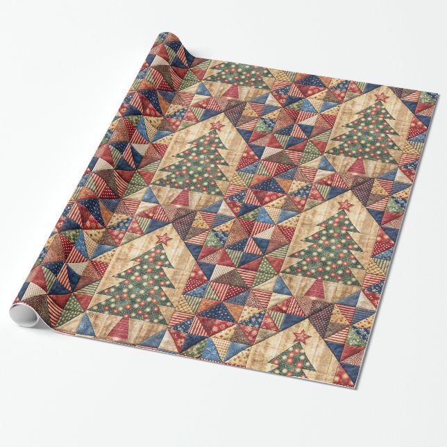 Vintage Christmas Tree Quilt Pattern Wrapping Paper (Unrolled)