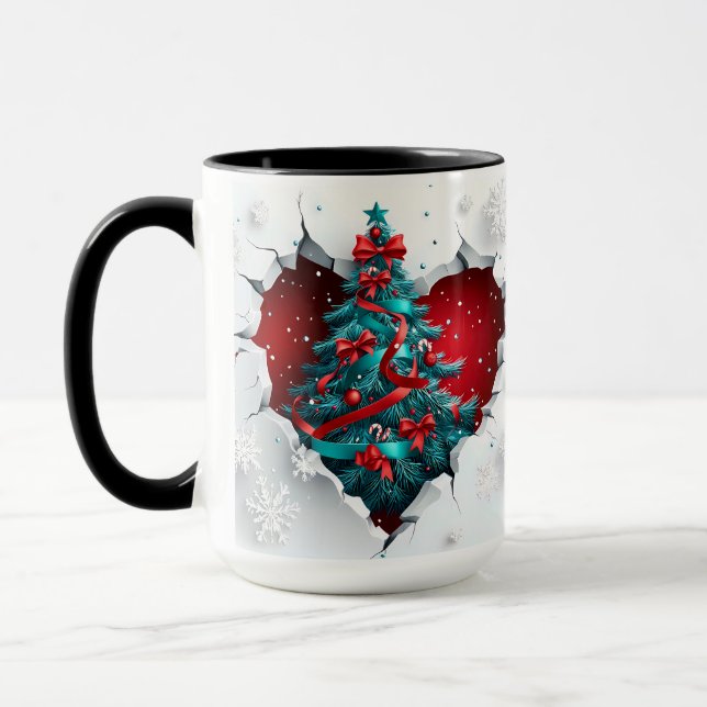 Vintage Christmas Tree, Red/Teal - Black Handle Mug (Left)