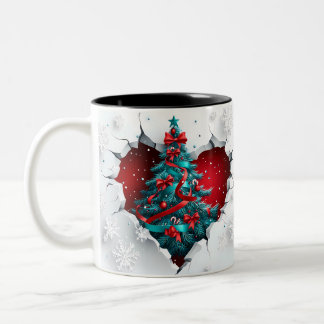 Vintage Christmas Tree, Red/Teal - White Handle Two-Tone Coffee Mug