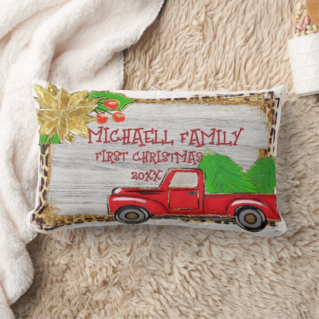 Vintage Christmas Tree Red Truck Pillow, Retro Lumbar Pillow (Blanket)