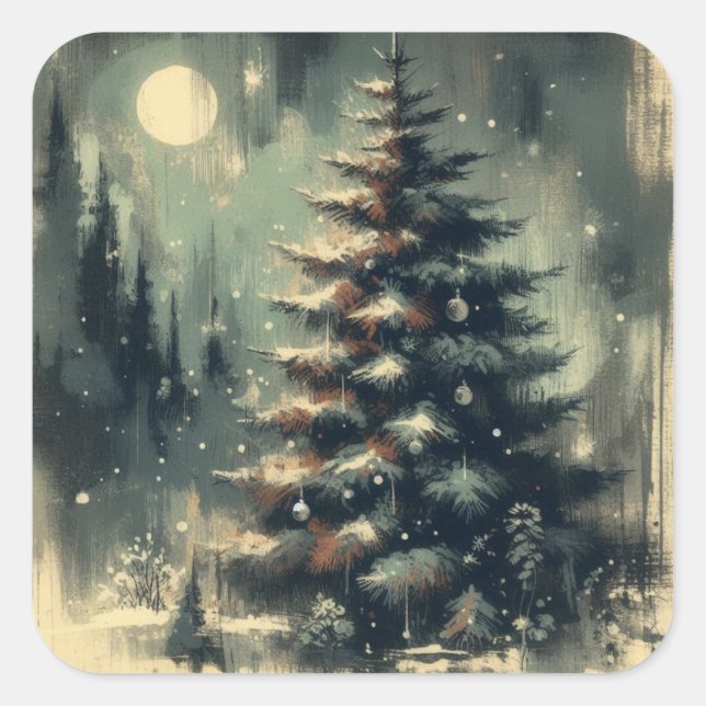Vintage Christmas Tree Retro Illustration Square Sticker (Front)