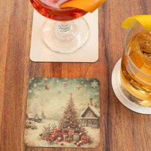 Vintage Christmas tree  Square Paper Coaster