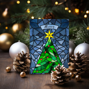 Vintage Christmas Tree Stained Glass Holiday Card