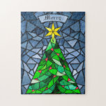 Vintage Christmas Tree Stained Glass Jigsaw Puzzle<br><div class="desc">These beautiful 11" x 14" Christmas puzzle features a hand made watercolor stained glass design featuring a Christmas tree with a gold star with red ornaments with a background in shades of blue. The editable greeting is "Merry."</div>
