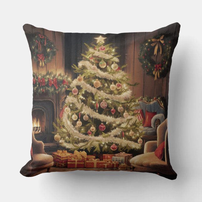 Vintage Christmas Tree Throw Pillow (Front)