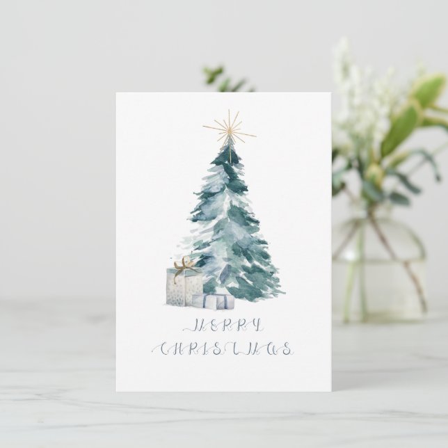 Vintage Christmas tree watercolour gold star Card (Standing Front)