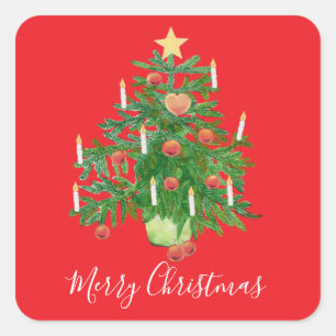 Vintage Christmas Tree with a Star Red Square Sticker