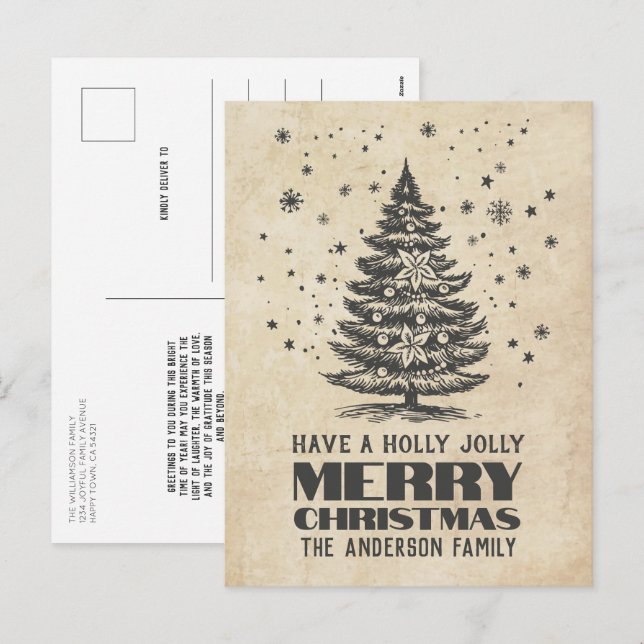 Vintage Christmas Tree with Snowflakes Christmas Holiday Postcard (Front/Back)