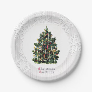 Vintage Christmas Tree with Snowflakes Paper Plate