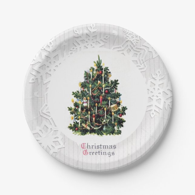 Vintage Christmas Tree with Snowflakes Paper Plate (Front)