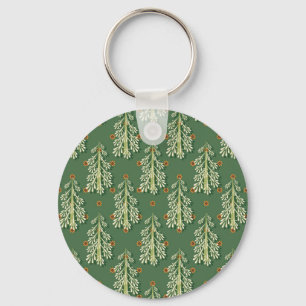 Vintage Christmas Trees Illustration Pattern Keychain