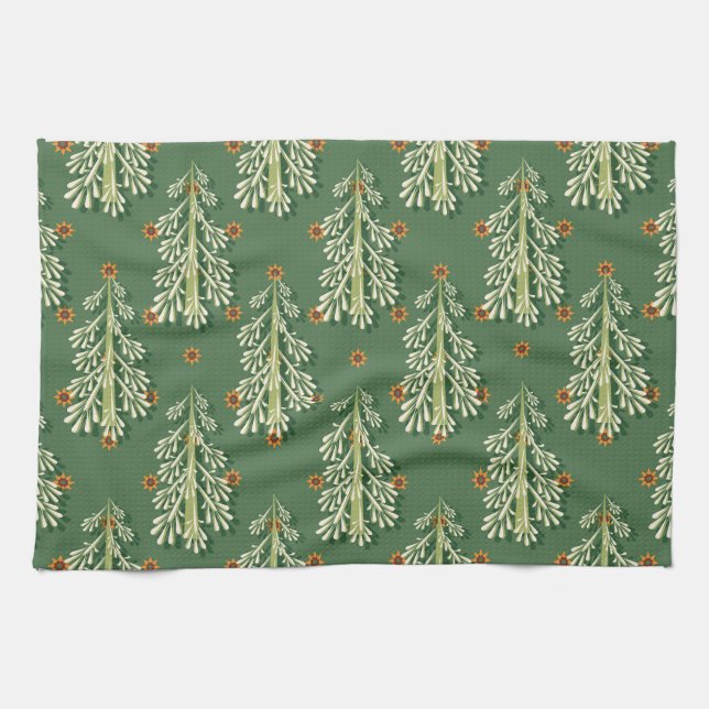 Vintage Christmas Trees Illustration Pattern Kitchen Towel (Horizontal)