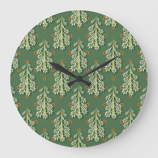 Vintage Christmas Trees Illustration Pattern Large Clock (Front)