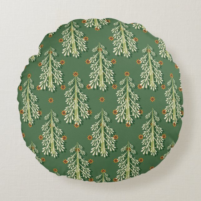 Vintage Christmas Trees Illustration Pattern Round Pillow (Front)