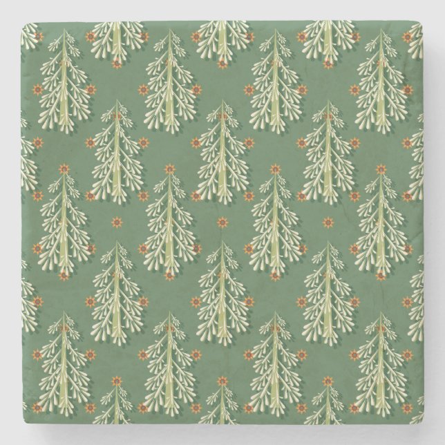 Vintage Christmas Trees Illustration Pattern Stone Coaster (Front)