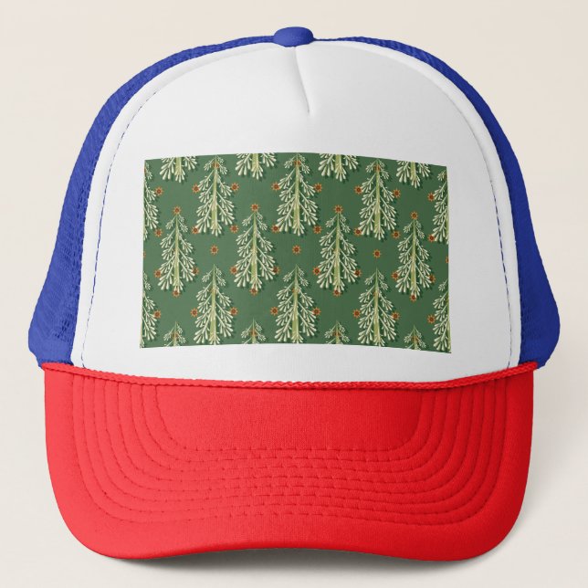 Vintage Christmas Trees Illustration Pattern Trucker Hat (Front)
