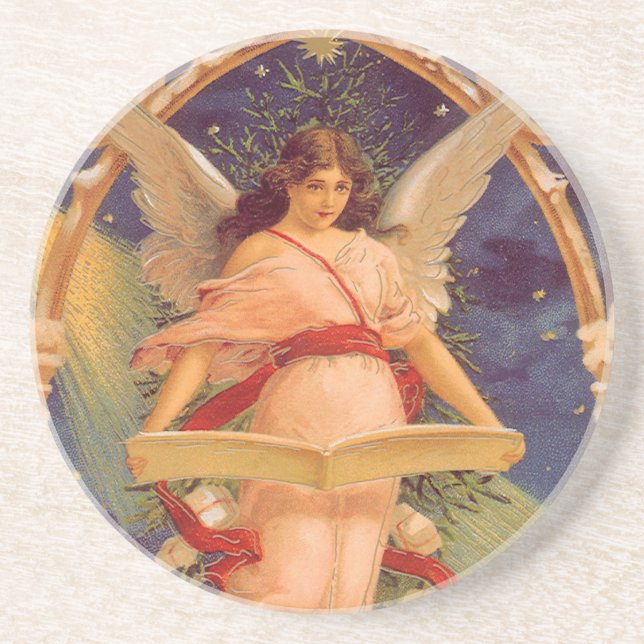 Vintage Christmas, Victorian Angel Reading Bible Coaster (Front)