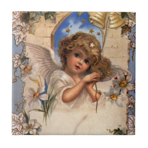 Vintage Christmas, Victorian Angel with Gold Bells Tile