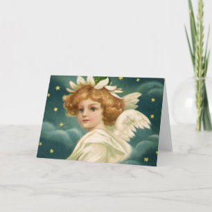 Vintage Christmas, Victorian Angel with Gold Stars Holiday Card