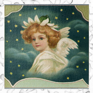 Vintage Christmas, Victorian Angel with Gold Stars Jigsaw Puzzle