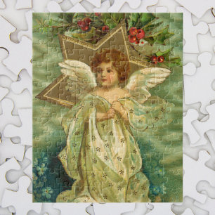 Vintage Christmas, Victorian Angel with Gold Stars Jigsaw Puzzle