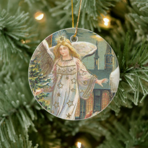 Vintage Christmas, Victorian Angel with Tree Ceramic Ornament